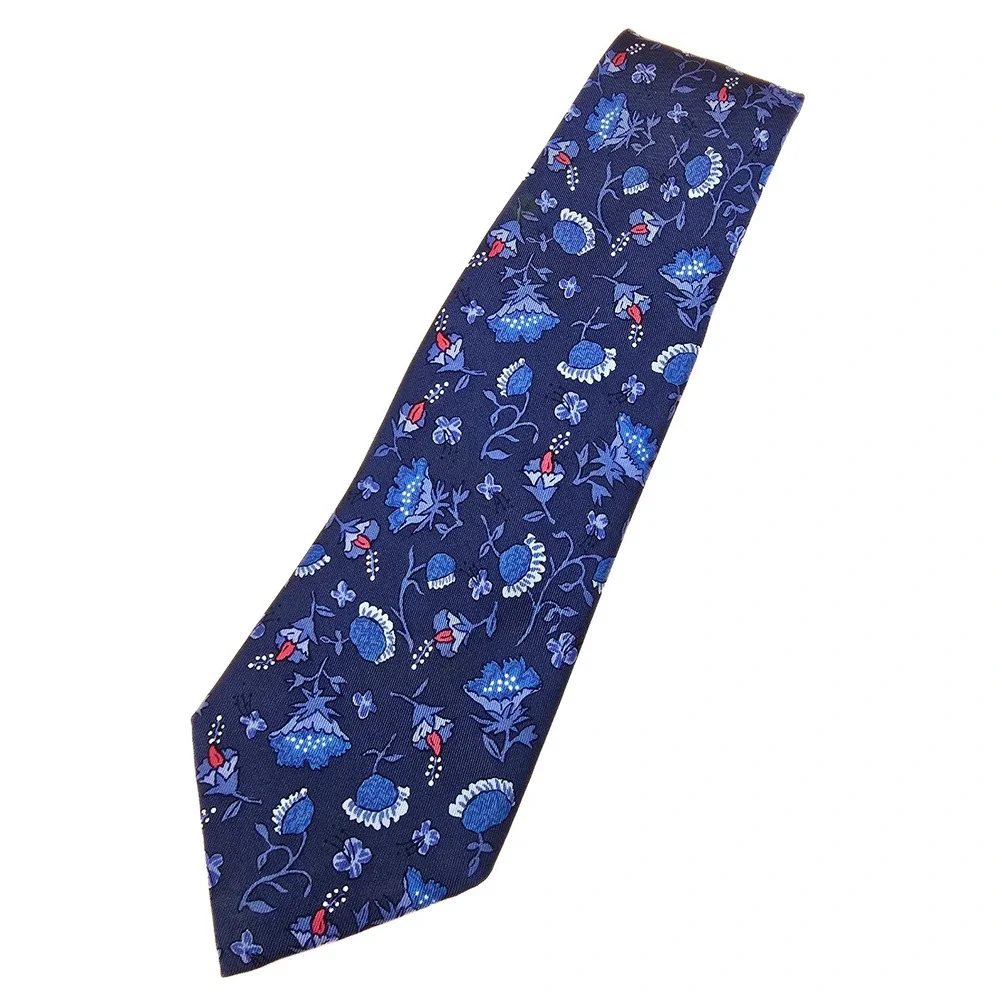 Hermès Paris Silk‎ Tie Blue Floral Bergdorf Goodman Made in France 7229 UA